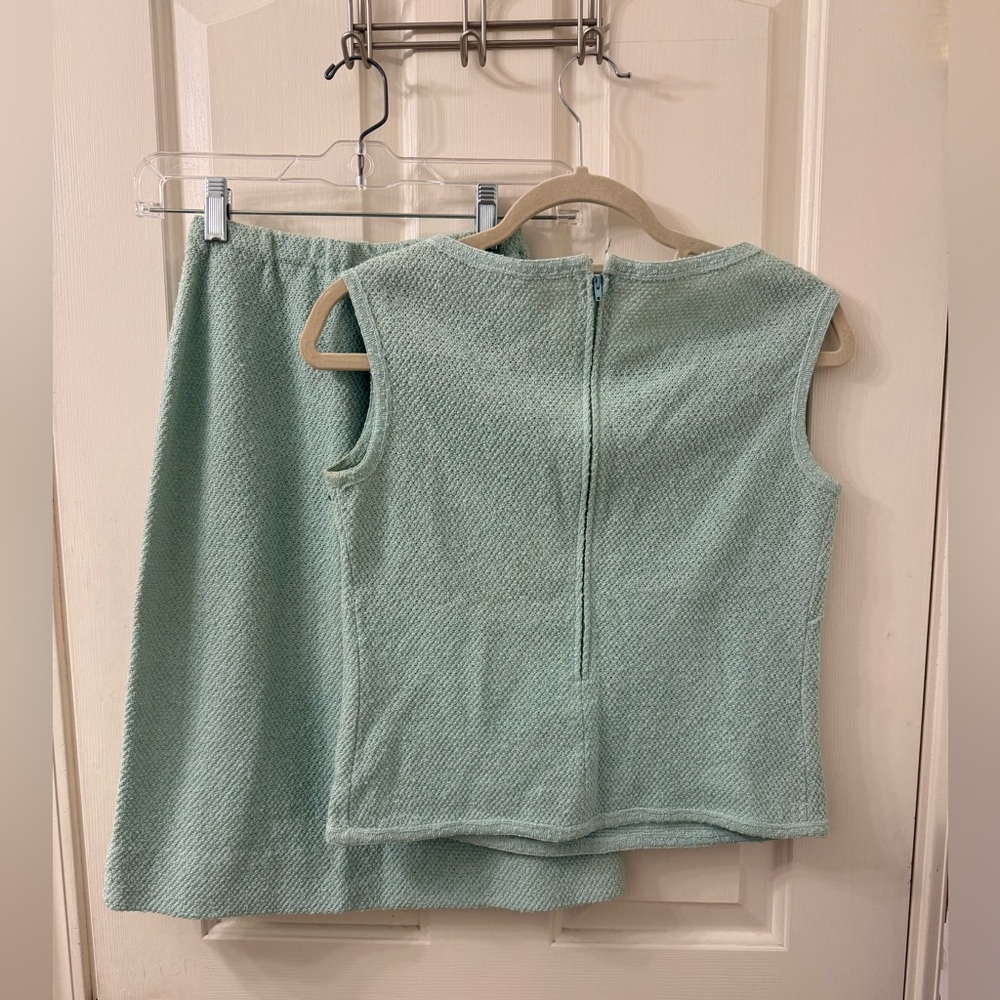 Vintage Mint Green Sleeveless Top and Skirt Set with Floral Ribbon Embroidery - Picture 2 of 10
